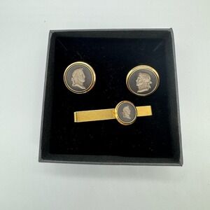 Wedgwood black Cameo Cufflinks Tie Clip Set Gold‎ Tone Mens Formal Gift for him